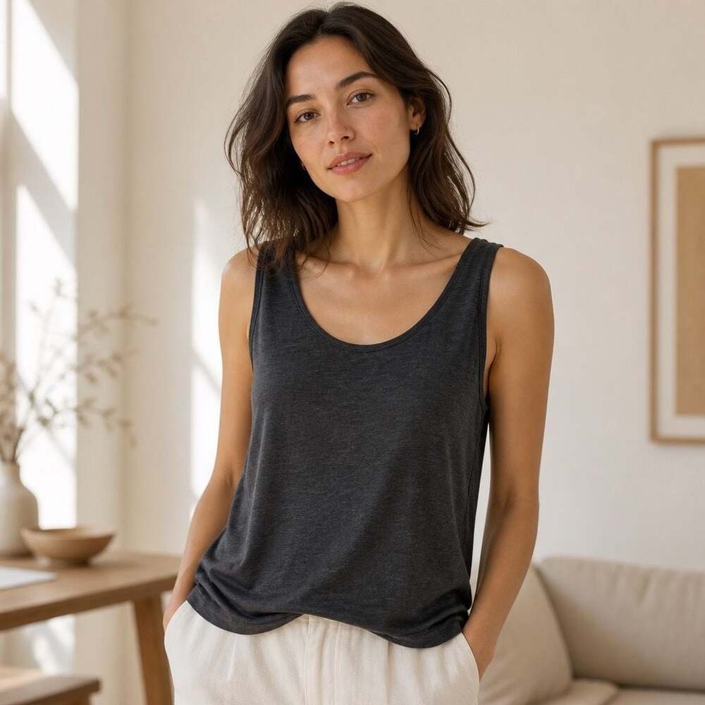 Eileen Fisher Silk Cotton Blend Scoop Neck Tank Top Dark Gray Size M